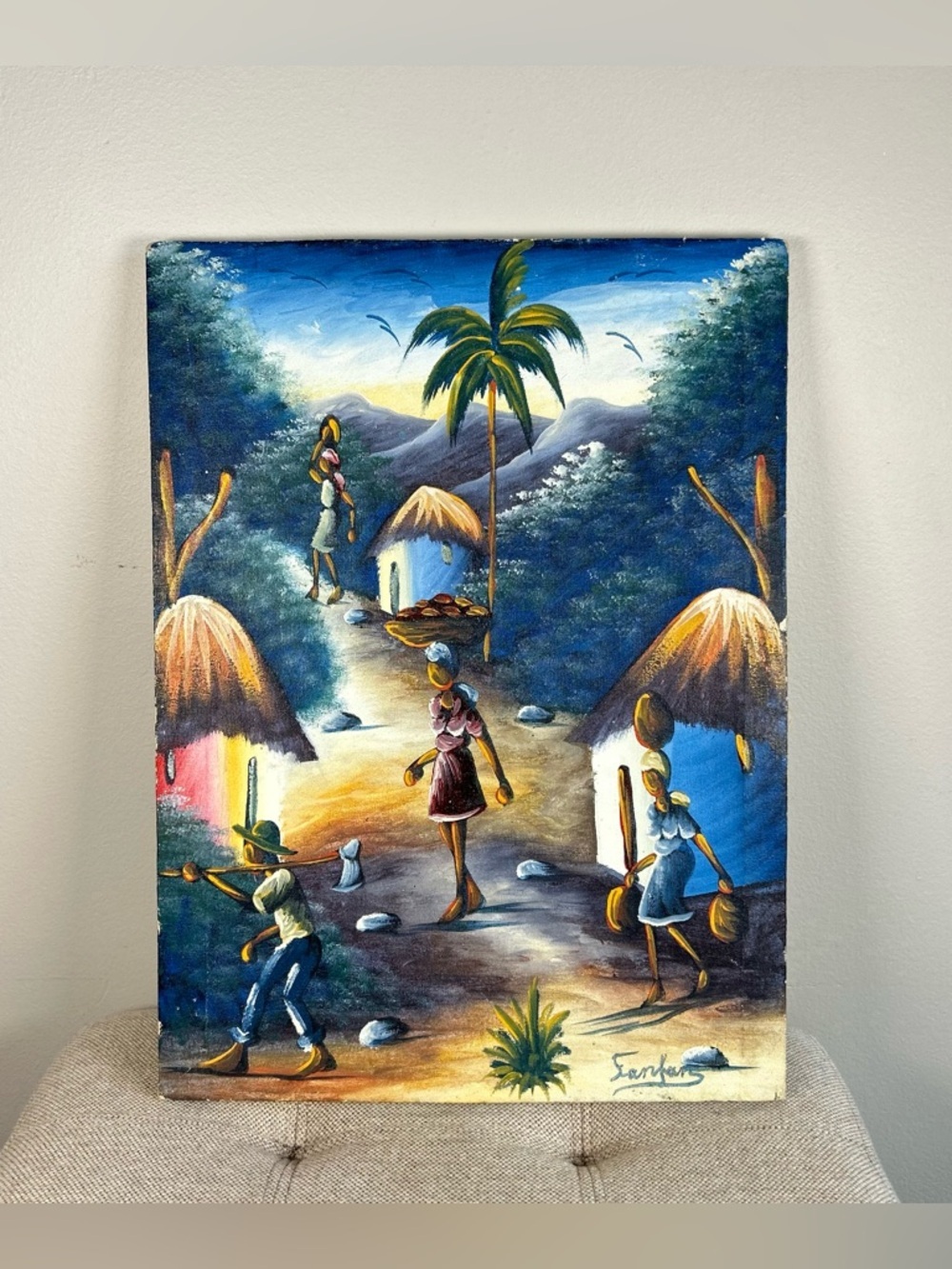 Haitian Folk Art Village Scene Painting by Sanfar Signed & Inscribed Canvas VTG